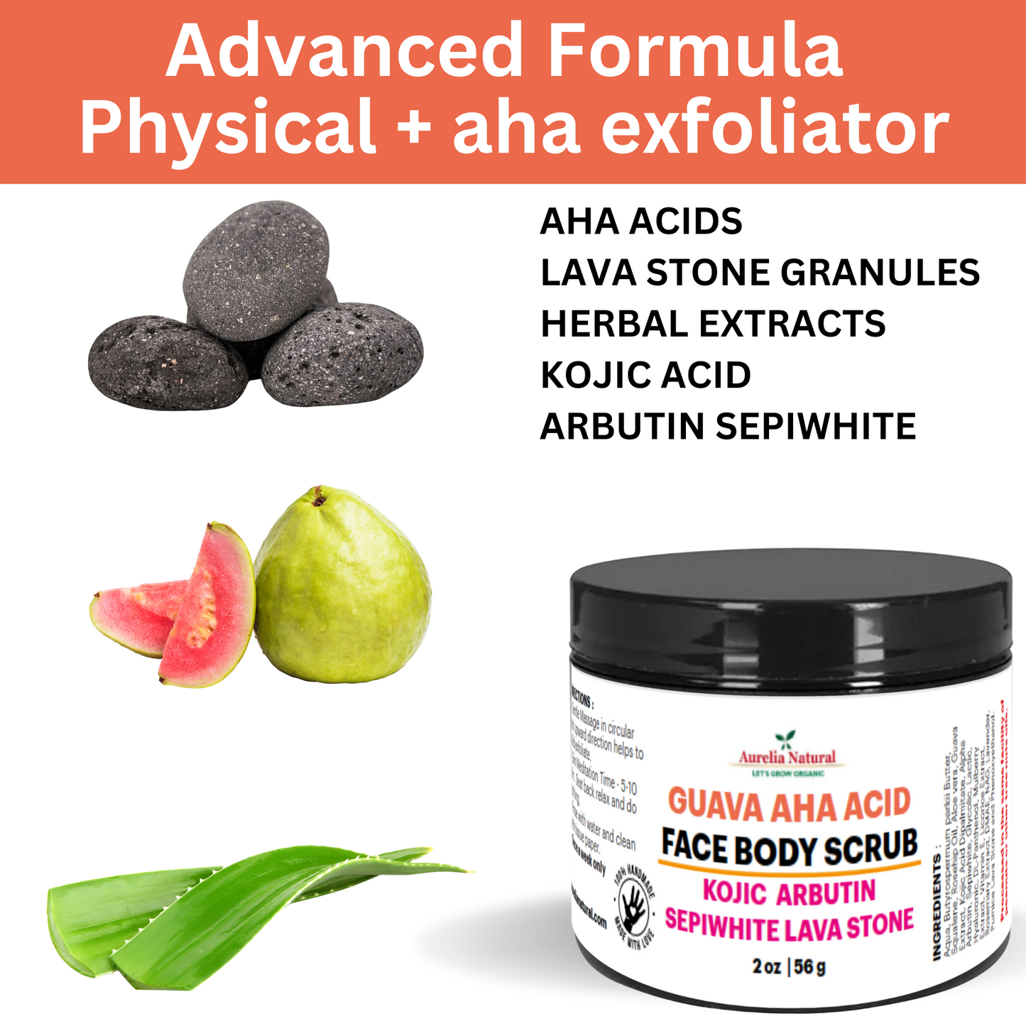 Guava AHA Face Body Scrub | Bump Eraser | Kojic Acid Arbutin Sepi white | Niacinamide | Lava Stone